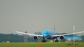 AMSTERDAM, THE NETHERLANDS JULY 26, 2017 - KLM Boeing 787 PH BHE flight KLM881 departure to Hangzhou HGH at runway 24 Kaagbaan. Shiphol Airport, Amsterdam, Holland video