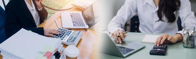 Businessman and team analyzing financial statement Finance task. with smart phone and laptop and tablet. Wealth management concept photo