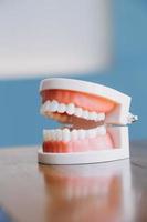 Stomatology concept, partial portrait of girl with strong white teeth looking at camera and smiling, fingers near face. Closeup of young woman at dentist's, studio, indoors photo