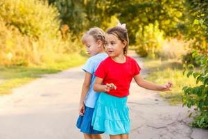 vista trasera de dos niñas pequeñas tomándose de la mano y caminando juntas en el jardín en un tono de color antiguo foto