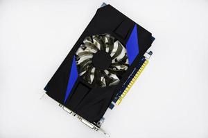 Blue graphics card with one fan on a white background. Accessories for computers. An electronic device. photo