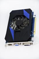 Blue graphics card with one fan on a white background. Accessories for computers. An electronic device. photo