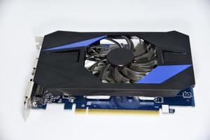Blue graphics card with one fan on a white background. Accessories for computers. An electronic device. photo