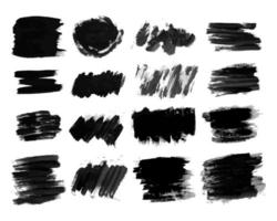 Set of sixteen black hand drawn ink stains. Ink spots isolated on white background. Vector illustration