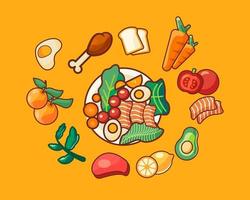 ilustraciones de paquetes de alimentos saludables, frutas y verduras en el plato vector