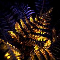 tropical gold leaf forest glow in the dark background. High contrast. 3d illustration photo