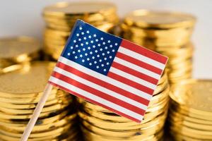 Stack of coins money with USA America flag, finance banking concept. photo