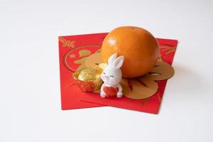 Chinese New Year of the rabbit festival concept. Mandarin orange,  rabbit and gold ingot isolated on white background. photo