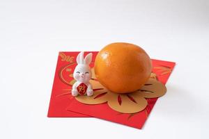 Chinese New Year of the rabbit festival concept. Mandarin orange,  rabbit and gold ingot isolated on white background. photo