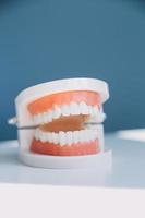 Stomatology concept, partial portrait of girl with strong white teeth looking at camera and smiling, fingers near face. Closeup of young woman at dentist's, studio, indoors photo