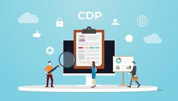 concepto de plataforma de datos de clientes de cdp con personas analizando datos con icono y computadora con estilo plano moderno vector