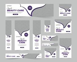 conjunto de banners web de tamaño estándar para el cuidado de la belleza del spa moderno, fondo de encabezado de portada de banner de anuncios comerciales para el diseño de sitios web, plantilla de banner de descuento de anuncios de portada de medios sociales vector