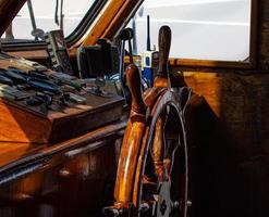 steering wheel on the yacht. Selective focus photo