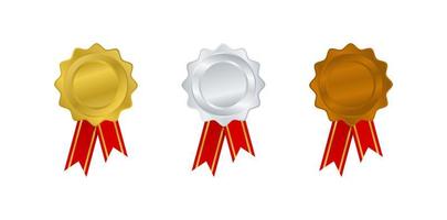 Gold, silver, and bronze medals with red ribbon, medal for victory award, championship vector