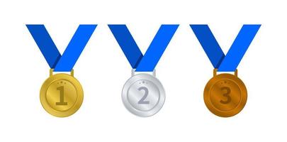 Gold, silver, and bronze medals with blue ribbon, medal for victory award, championship vector