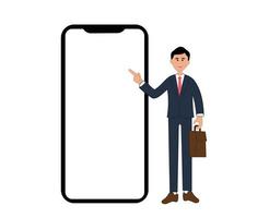 portrait of smiling businessman with big phone. illustration of cartoon standing man in suit with bag pointing finger at screen, isolated on wite background vector