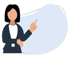 woman in suit with hand pointing to empty space. office lady cartoon illustration. woman standing in isolation with empty space side vector