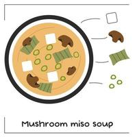 Mushroom miso soup recipe design illustration with ingredients. Tow view. Vector stock illustration isolated on white background. Flat style