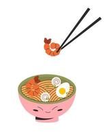 Cute bowl with face with traditional japanese food ramen with egg shrimp narutomaki and shrimp in chopstick. Vector stock illustration isolated on white background. Flat style