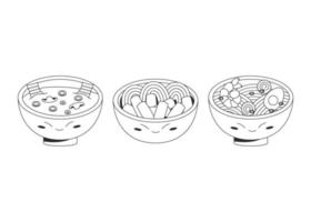 Set of three bowl with asian food Korean miso soup Tteokbokki Japanese ramen Food concept. Vector stock illustration isolated on white background. Outline style