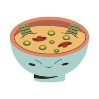 Cute bowl with traditional korean vegan miso soup food illustration with seaweed mushroom green onion. Vector stock illustration isolated on white background. Flat style