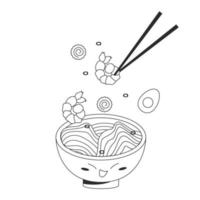 Illustration of ramen with flying ingredients and chopsticks. Vector stock illustration isolated on white background. Outline style