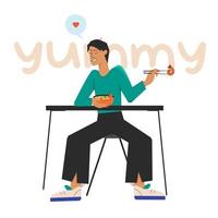 Young man sitting at the table and eating miso soup popular korean food  and holding shrimp in chopsticks. Food concept. Vector stock illustration isolated on white background in flat style