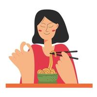 Young girl eats Japanese popular food noodles with chopsticks and shows ok sign. Food concept. Vector stock illustration isolated on white background in flat style