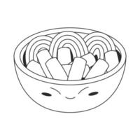 Tteokbokki korean food illustration - rice cakes tteokbokki in cute bowl with spicy sauce. Vector stock illustration isolated on white background. Outline style