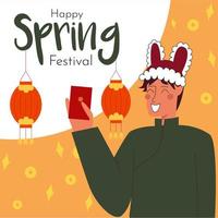 Happy Spring Festival web banner design with man in tradition Chinese clothes and lantern element. Vector stock illustration