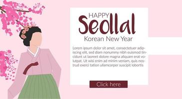 Happy Seollal Korean New Year web page banner design with Woman in Hanbok - korean traditional clothes and and a branch with a pink flower. Vector stock illustration on pink background