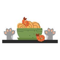 un tazón de fideos y camarones está sobre la mesa. el gato roba comida. concepto de comida ilustración de stock vectorial aislada sobre fondo blanco en estilo plano vector