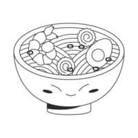 Cute bowl with face with traditional japanese food ramen with egg shrimp narutomaki. Vector stock illustration isolated on white background. Outline style