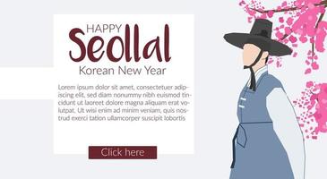 feliz año nuevo coreano seollal diseño de banner de página web con hombre en hanbok - ropa tradicional coreana y una rama con una flor rosa. ilustración de stock vectorial sobre fondo azul vector