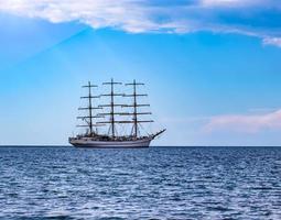 Sailing ship in the sea without sails. Selective focus photo