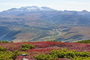 view from vilychinsky pass on alpine meadows and volcano on Kamchatka peninsula photo