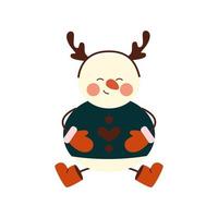 Cute christmas snowmen in warm scarve, mittens. Cheerful happy snowmen in costume and deer horns with legs in boots. Winter holidays snow men. Merry Xmas. vector