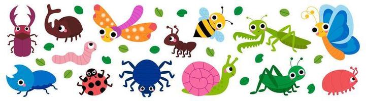 conjunto de lindos insectos de jardín, bichos. caracol, araña, mariposa, ciervo volante, mantis, libélula, saltamontes, gusano, araña, mariquita, abeja, escarabajo, hormiga para niños. divertidos personajes infantiles. vector