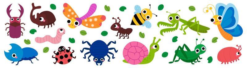Set of cute garden insects, bugs. Snail, spider, butterfly, stag-beetle, mantis, dragonfly, grasshopper, worm, spider, ladybug, bee, beetle, ant for children. Funny childish characters.