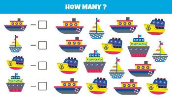 Count how many sea transport for preschool children. Cruise yacht, sailboat, submarine, steamboat. Education counting game. Write number of ocean ship. Marine transport math worksheet. vector