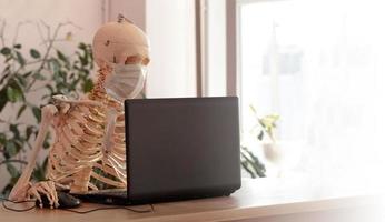Skeleton in a medical mask using a computer in the office photo