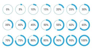 conjunto de diagramas de porcentaje de círculo de 0 a 100 para infografía, ui, diseño web. indicador con azul vector