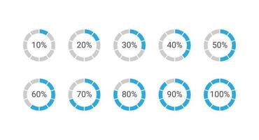 Set of circle percentage diagrams from 10 to 100 for infographic, UI, web design. Indicator with blue vector