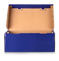 Blue open shoe box isolated on white background photo
