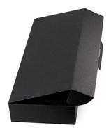 black open cardboard box isolated on white background photo