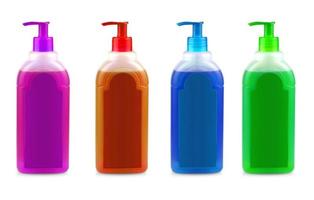 colored bottles with shampoo with dispenser on white background photo