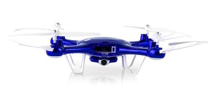 blue drone flying isolated on white background. Clsoe up of fly drone photo