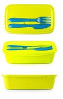 green Plastic food container with knife and fork on white background photo