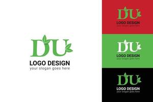 DU letters eco logo with leaf. Vector typeface for nature posters, eco friendly emblem, vegan identity, herbal and botanical cards etc. Ecology DU letters logo with leaf.
