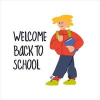 Welcome Back to School banner. Happy schoolchildren vector illustration in flat style design and hand lettering